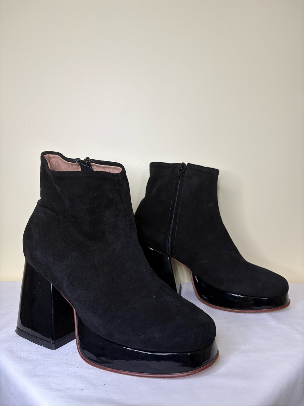 John Fluevog Black Suede Platform Ankle Boots with Patent Platform Size 7